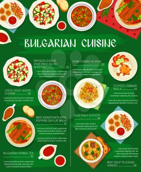Bulgarian cuisine, dishes menu poster of Bulgaria food, vector meals. Bulgarian food cuisine cabbage rolls, meat and beans soup, Balkan restaurant traditional gourmet, dinner and national lunch