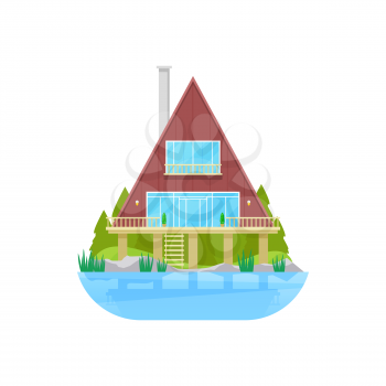 House at water, bungalow at stilts at river or lake, vector building flat icon. Wooden lodge or bungalow cabin, townhouse or private mansion villa at seaside, isolated residential architecture