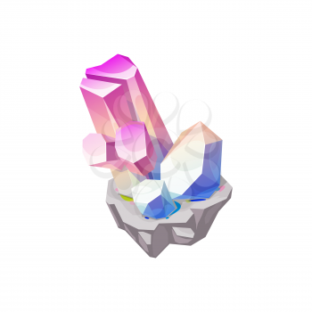 Crystal gem or gemstone, quartz stone rock and jewel diamond, vector isolated icon. Jewelry mineral, precious ice glass or rhinestone with red purple and blue crystal brilliant shine