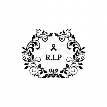 RIP lettering floral funeral frame, ornate grief with monochrome sorrow tape. Vector memory inscription to deceased or dead. Death calligraphy on tombstone or gravestone, flowers ornamental frame