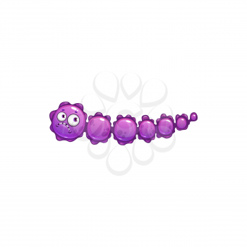 Cartoon virus cell vector icon, sad purple bacteria, germ character with funny face and pimples. Unhappy pathogen microbe look like caterpillar, isolated micro organism symbol