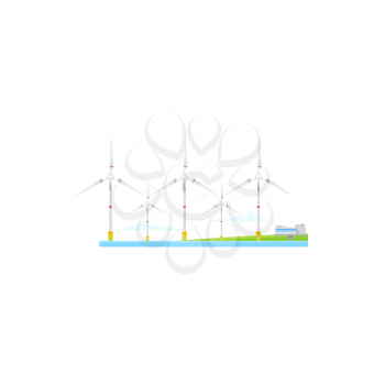 Windmill energy power, electricity wind mill turbine, vector green renewable energy industry. Windmills on sea, alternative clean energy and power generation, sustainable eco technology