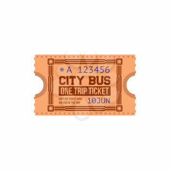 City transport intercity bus ticket, boarding pass isolated. Vector retro coupon, city public transport one way or single trip card. Vintage bus ticket with control number, date, keep till end of trip