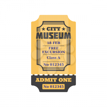 Ticket to city museum, numbered paper card with price, free excursion included. Vector admit on performance or excursion in museum, coupon with date, special voucher. Admission to visit exhibition