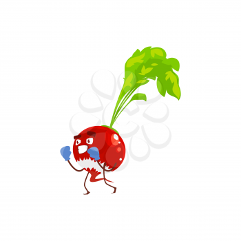 Cartoon radish vegetable sportsman plant in boxing gloves. Vector funny character doing fighting workout, sport exercises. Healthy food, sports lifestyle isolated on white background