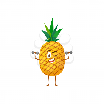 Cartoon pineapple fruit workout with dumbbells vector icon, funny sportsman character doing sport exercises isolated on white background. Healthy exotic food, sports lifestyle, organic food symbol