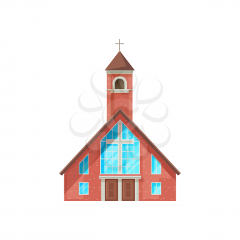 Catholic church building vector icon. Cathedral, chapel and monastery facade of red brick and cross on tower. Medieval church exterior, christian religious architecture isolated cartoon symbol