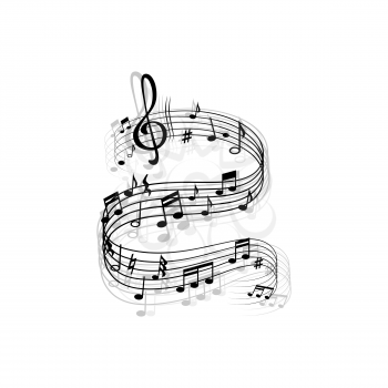Music wave, vector musical notes, treble clef, flat and sharp signs on curvy stave. Melody swirl for jazz club or classical opera concert and orchestra performance