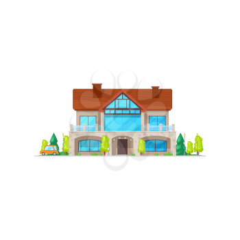 Cottage house with chimney pipes on roof isolated home in cartoon style. Vector facade architecture of real estate property villa, outdoor family mansion with green trees. Building on sale or rent