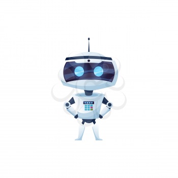 Cartoon robot vector icon, cyborg character, toy or bot, artificial intelligence technology. Friendly robot arms akimbo and and digital glow face, cute electronic chatbot isolated sign