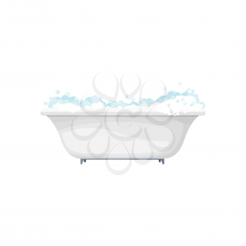 Bathtub bathroom interior object, home toilet furniture isolated realistic icon. Vector washing water basin with foamy soap, bath with white bubbles and water. Hot bath tub on legs to wash in