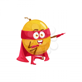 Melon superhero fruit cartoon character, vector food in super hero costume and mask. Happy melon fruit with energy power in magic cape, organic natural food superpower