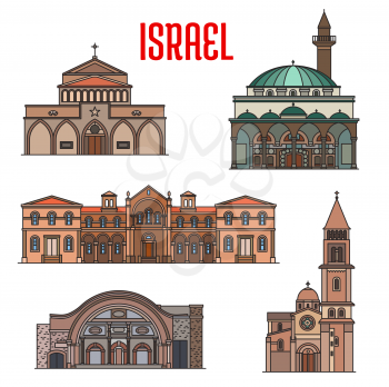 Israel landmarks, churches, mosques and temples of Bethlehem, vector. Israel Jewish and Islamic landmarks, Great Mahmoudiya and Jazzar Mosque, Carmelites monastery and Basilica of Nativity