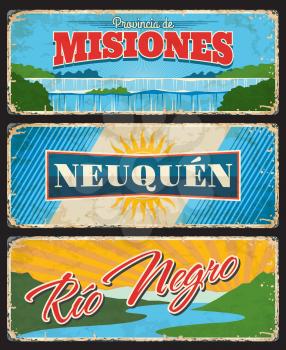 Misiones, Neuquen and Rio Negro, Argentine provinces and regions vector vintage plates. Flag with sun, Iguazu Falls and Nahuel Huapi lake nature landscapes grunge signs and retro stickers design