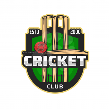 Cricket sport club icon. Vector ball, bats and wickets. Cricket sport game team player equipment isolated shield icon of championship league match or sporting competition