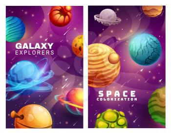 Galaxy and space colonization, cartoon planets and stars vector posters. Alien Universe with falling comets and shining stars. Fantastic cosmic game ui interface, adventure for galaxy explorers