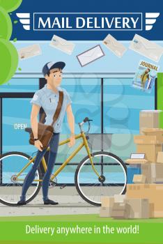 Post office and postman with letters and parcels vector design of mail delivery and postal service. Courier with bag and bicycle, packages, envelopes and boxes, postage stamps, seals and journals