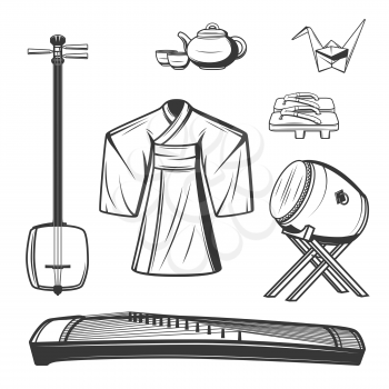 Japanese culture symbols vector design, Asian travel theme. Sketches of origami, kimono and tea ceremony set with teapot and cups, wooden shoes geta and musical instruments, shamisen, taiko drum, koto
