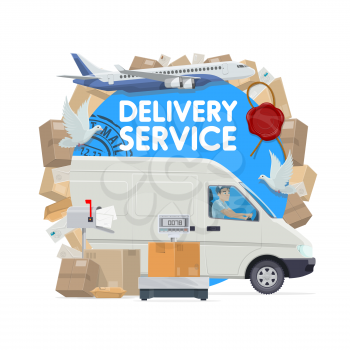 Mail delivery service vector design. Postal service delivery truck with postman, parcels and letters, packages, envelopes and postage stamps, mailbox, post office scales, doves and plane