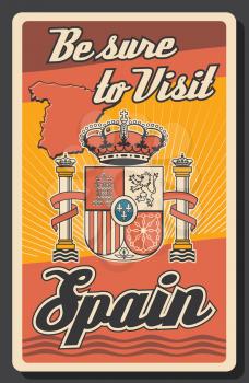 Travel to Spain poster with map and coat of arms in colors of Spanish flag. Vector heraldic lion, castle, crown of Aragon and cross with chains on shield with fleur-de-lis, Spanish crown, columns