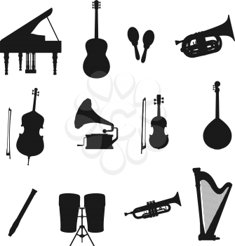 Music instrument black silhouettes of vector drum, guitar and piano, harp, trumpet and viola, flute, maracas and tuba, cello, mandolin and vintage record player. Classic music orchestra equipment