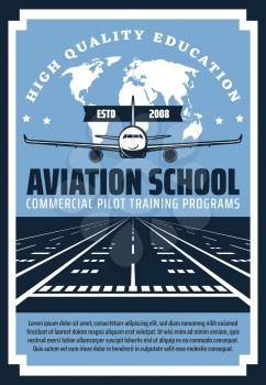 Plane landing on runway of airport vector design. Airplane with world map on background retro poster of aviation school and commercial pilot training, education theme