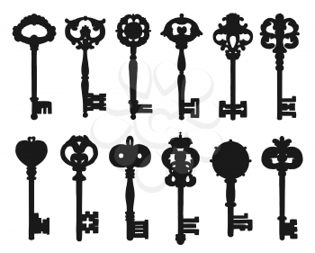 Vintage key of antique door lock black silhouettes. Victorian skeleton keys vector design with medieval floral ornament of flowers, leaves and hearts. Heraldry, treasure and security themes