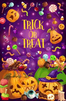Trick or treat, Halloween holiday, candies and jack lanterns. Vector pumpkin with face and witch hat, confectionery products or sweets. Chocolate and marmalade, warm and bat, eyeball and candle
