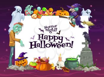 Halloween pumpkins, treats and horror monsters frame of vector greeting card. Ghosts, bats, witch and skull, zombie, candies and spooky lanterns, cemetery gravestone, potion cauldron and crow