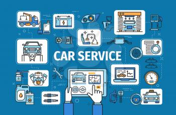 Car service, computer diagnostics and checkup, auto mechanic maintenance and repair station, vector. Car wash, taxi and tow service, engine oil replacement and tire pumping