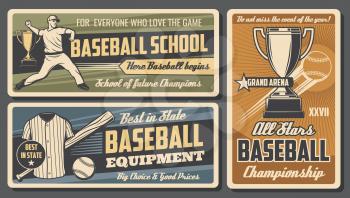 Baseball sport championship and softball professional school or college team club. Vector baseball players, sport equipment store, champion winner tournament cup and batter with bat on field