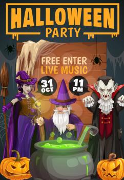 Halloween horror night witch, Dracula vampire and evil wizard with vector pumpkins, spiders and net, potion cauldron, broom and black magic staff. Halloween autumn holiday party invitation