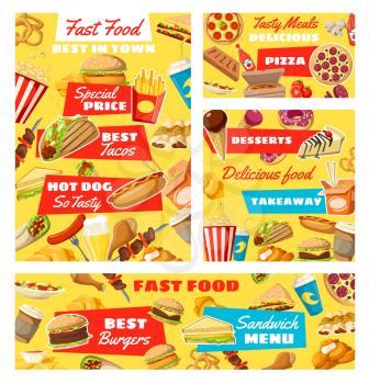 Fast food restaurant, hot dogs and burgers bar menu. Vector fastfood menu of takeaway hamburger sandwich, pizza and soda drink or coffee, fries with cheeseburger, desserts and ice cream milkshake
