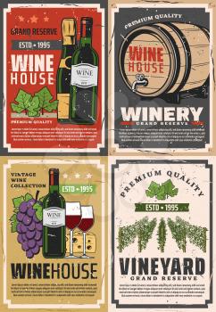 Winemaking house and winery grand reserve. Vector wine production factory and shop, wooden barrels and red wine bottle and champagne with cheese and vineyard grape