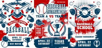 Baseball sport championship, school or college team club. Vector professional baseball players, sport equipment, tickets, winner tournament cup