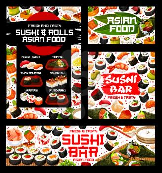 Japanese sushi and rolls menu, cuisine food bar or restaurant. Vector nigiri sushi, temaki or uramaki and futo-maki rolls, oshidzushi of fish and seafood sushi in rice and nori seaweed