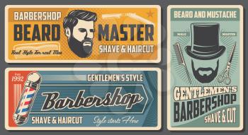 Barbershop, barber and man hairdresser salon vintage posters. Vector gentleman hat with beard and mustaches, barber shop pole sign, shaving razor blade, hair comb and scissors