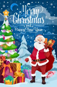 Christmas and New Year holiday, Santa Claus and Xmas tree. Vector fir or spruce, garland and star, gift boxes and sack, fairy character in forest, Noel. Winter feast celebration, greeting card