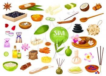 SPA and massage salon treatments, aromatherapy oils and bodycare soap. Vector wellness SPA therapy facial scrub, massage stones and cleansing sponge, aroma bath spices and herbal candles