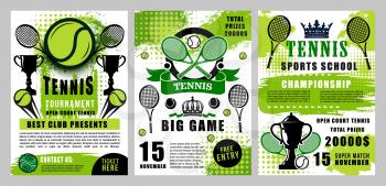 Tennis big game tournament and sport club championship, rackets and balls on halftone green posters. Vector tennis match big win cup, sports school or college team league open court tournament,