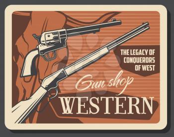 Wild West, American Western guns shop vintage poster. Vector cowboy saloon pistol shotgun and western rifle, wild longhorn bull skull and conquerors legacy shooting ammunition