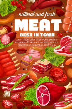 Butcher shop meat and sausages products of pork, beef and mutton. Vector butchery gourmet delicatessen, steak sirloin, ham and bacon, salami and cervelat sausages, barbecue brisket meat and spices