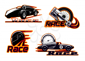 Car races, motor street racing fire flame icons. Vector sportcar bolid, engine piston valve and tire wheel in burning flame and speedometer, rally drag races championship and drift sport club badges