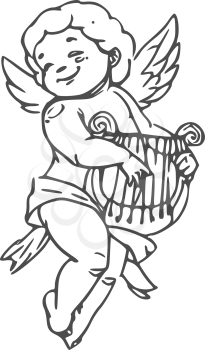 Naked boy in diaper playing on harp isolated Cupid. Vector outline winged Amur with musical instrument