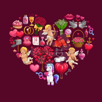 Heart made of Valentines Day gifts, flower bouquets and Cupids, vector greeting card. Romantic love envelope, wedding ring and chocolate, calendar, red roses and ribbons, candies, lips and candles