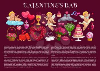 Valentines Day Cupids, romantic love hearts and gifts. Vector banner with border of chocolate cake, flower bouquets and candies, kiss lips, roses and Amur arrows, wine, candles and boxes with ribbons