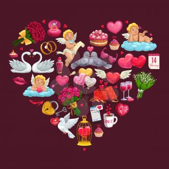 Valentines Day love heart with vector gifts of romantic couple. Chocolate, Cupids and bouquets, wedding rings, february calendar and message, rose flowers with red ribbons and kiss lips, candy, wine
