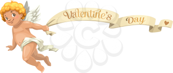 Blond Cupid with flying Valentines day banner, isolated character. Vector winged Amur in diaper