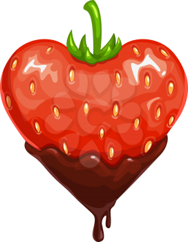 Strawberry in chocolate isolated berry. Vector heart shape fruit in choco topping