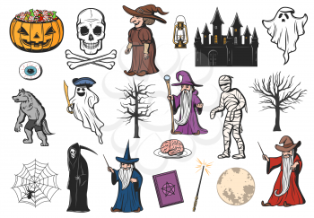 Halloween horror night pumpkin, ghost and witch icons. Vector skull, trick or treat candy and mummy, moon, spider and net, death skeleton, wizard and werewolf, haunted house, zombie eyeball and brain
